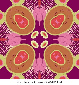 Circular seamless pattern of floral motif, doodles, stamens. Hand drawn.
