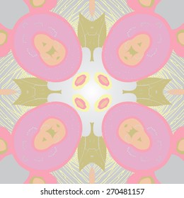 Circular seamless pattern of floral motif, doodles, stamens. Hand drawn.