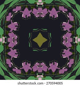 Circular seamless pattern of floral motif, garland, star. Hand drawn.