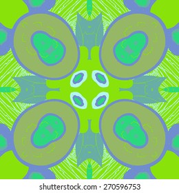 Circular seamless pattern of floral motif, doodles, stamens. Hand drawn.