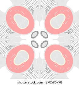 Circular seamless pattern of floral motif, doodles, stamens. Hand drawn.