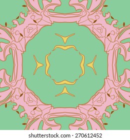 Circular seamless pattern of floral motif, garland, leaf. Hand drawn.
