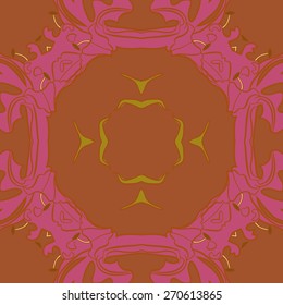 Circular seamless pattern of floral motif, garland, leaf. Hand drawn.