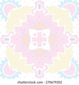 Circular seamless pattern of floral motif, zigzag, doodles, flower. Hand drawn.