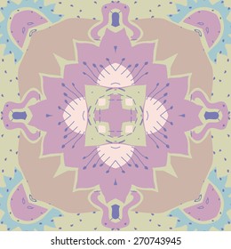 Circular seamless pattern of floral motif, zigzag, doodles, flower. Hand drawn.