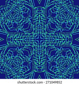 Circular seamless pattern of floral motif, stripes, cross. Hand drawn.