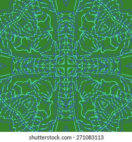 Circular seamless pattern of floral motif, stripes, cross. Hand drawn.