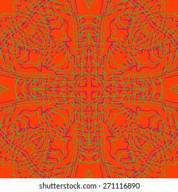 Circular seamless pattern of floral motif, stripes, cross. Hand drawn.