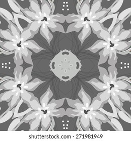 Circular seamless pattern of floral motif, branches, ellipses, flowers . Hand drawn.