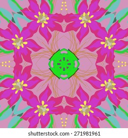 Circular seamless pattern of floral motif, branches, ellipses, flowers . Hand drawn.