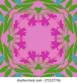 Circular seamless pattern of floral motif, stripes, leaves, garland . Hand drawn.