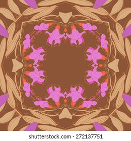 Circular seamless pattern of floral motif, stripes, leaves, garland . Hand drawn.