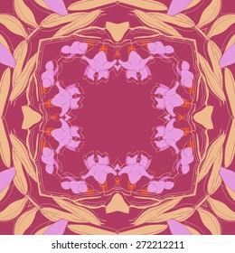 Circular seamless pattern of floral motif, stripes, leaves, garland . Hand drawn.
