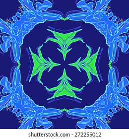 Circular seamless pattern of floral motif, lily, stripes, leaves . Hand drawn.