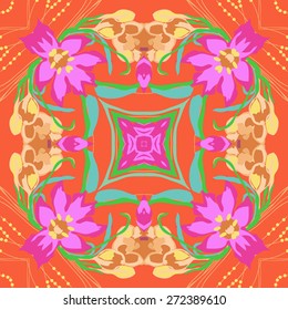 Circular seamless pattern of floral motif, branches,flowers, leaves . Hand drawn.