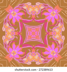 Circular seamless pattern of floral motif, branches,flowers, leaves . Hand drawn.
