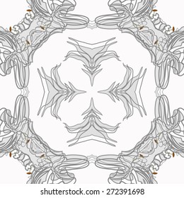 Circular seamless pattern of floral motif, lily, stripes, leaves . Hand drawn.