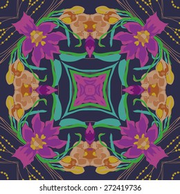 Circular seamless pattern of floral motif, branches,flowers, leaves . Hand drawn.