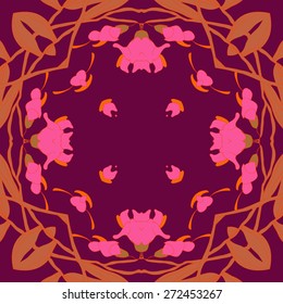 Circular seamless pattern of floral motif, flowers, leaves, garland. Hand drawn.