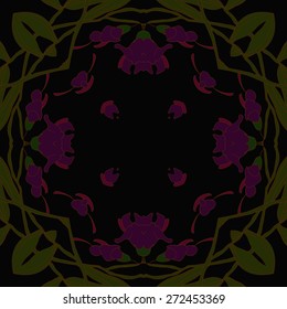 Circular seamless pattern of floral motif, flowers, leaves, garland. Hand drawn.