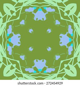 Circular seamless pattern of floral motif, flowers, leaves, garland. Hand drawn.