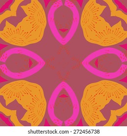 Circular seamless pattern of floral motif, doodles, stamens . Hand drawn.