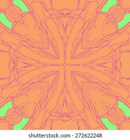 Circular seamless pattern of floral motif, spots, stripes. Hand drawn.