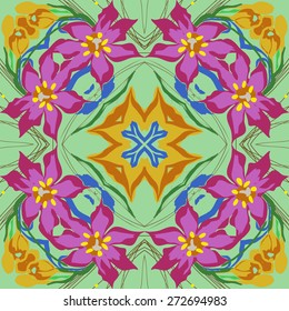 Circular seamless pattern of floral motif, branches, ellipses, leaves . Hand drawn.