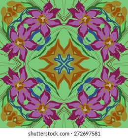 Circular seamless pattern of floral motif, branches, ellipses, leaves . Hand drawn.