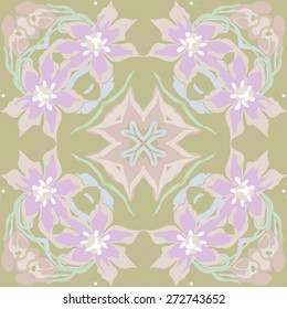Circular seamless pattern of floral motif, flowers, leaves, ellipses, branches. Hand drawn.