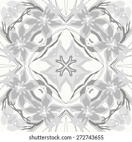 Circular seamless pattern of floral motif, flowers, leaves, ellipses, branches. Hand drawn.