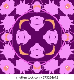 Circular seamless pattern of floral motif, flower, twig, ellipse. Hand drawn.