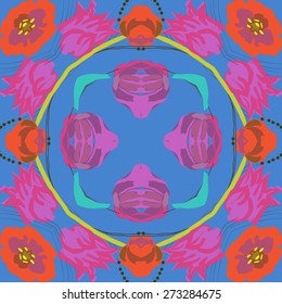 Circular seamless pattern of floral motif, flower, twig, ellipse. Hand drawn.