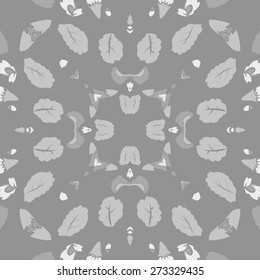 Circular seamless pattern of floral motif, leaves, buds. Hand drawn.
