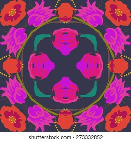 Circular seamless pattern of floral motif, flower, twig, ellipse. Hand drawn.