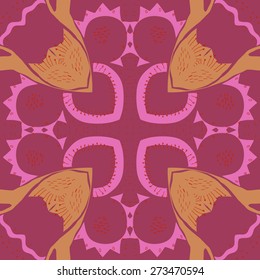 Circular  seamless pattern of floral motif, zigzag, doodles, stamens . Hand drawn.