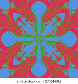 Circular seamless pattern of floral motif, ellipses, stamens, stripes . Hand drawn.
