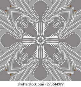 Circular seamless pattern of floral motif, ellipses, stamens, stripes . Hand drawn.
