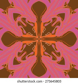 Circular seamless pattern of floral motif, ellipses, stamens, stripes . Hand drawn.