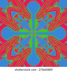 Circular seamless pattern of floral motif, ellipses, stamens, stripes . Hand drawn.
