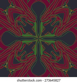 Circular seamless pattern of floral motif, ellipses, stamens, stripes . Hand drawn.