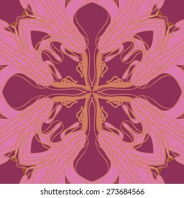 Circular seamless pattern of floral motif, ellipses, stamens, stripes . Hand drawn.