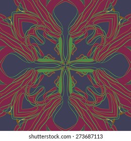 Circular seamless pattern of floral motif, ellipses, stamens, stripes . Hand drawn.
