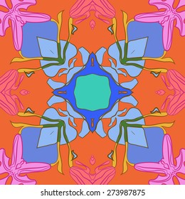 Circular seamless pattern of floral motif, branches, leaves, stripes.Hand drawn.