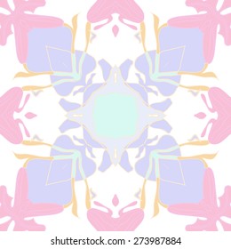 Circular seamless pattern of floral motif, branches, leaves, stripes.Hand drawn.
