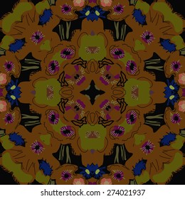 Circular seamless pattern of floral motif, stamens,flowers, spots, ellipses.Hand drawn.