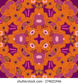 Circular seamless pattern of floral motif, stamens,flowers, spots, ellipses.Hand drawn.