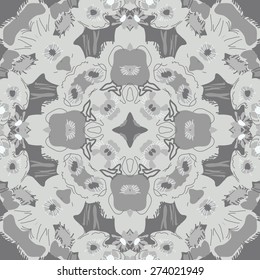 Circular seamless pattern of floral motif, stamens,flowers, spots, ellipses.Hand drawn.