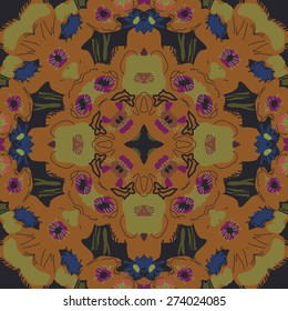 Circular seamless pattern of floral motif, stamens,flowers, spots, ellipses.Hand drawn.
