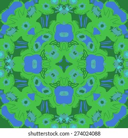 Circular seamless pattern of floral motif, stamens,flowers, spots, ellipses.Hand drawn.